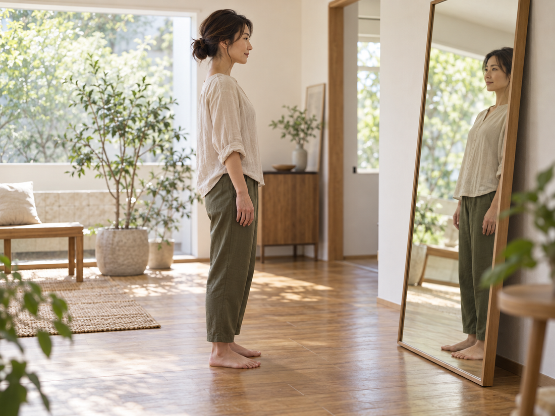 自然光の入る室内で、鏡に映る立ち姿勢を確かめる女性。裸足から全身が見えるイメージ。